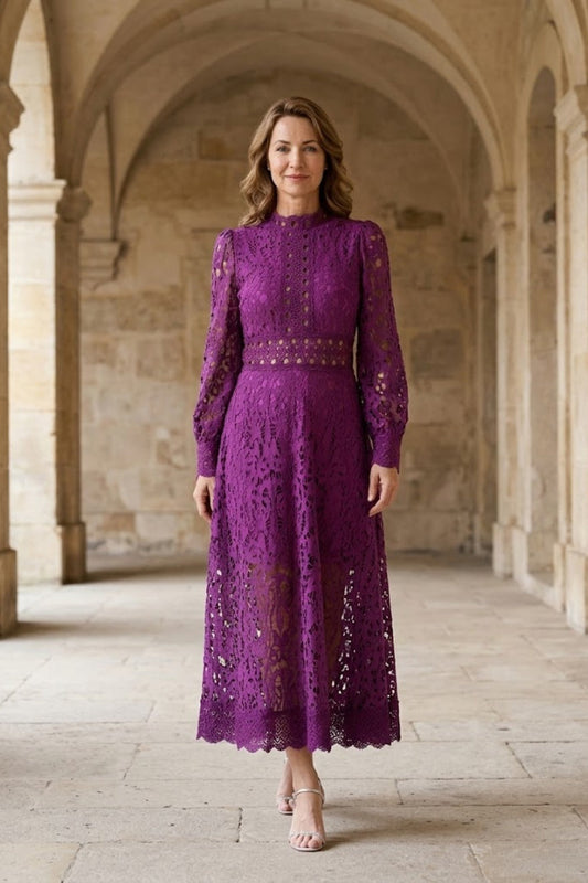 Purple A Line High Neck Long Mother of Bride Dress with Lace