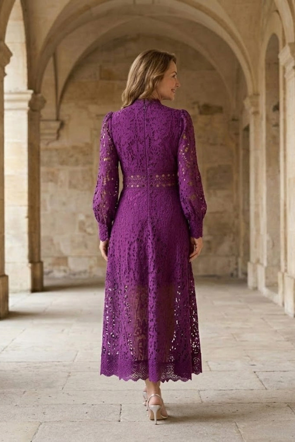 Purple A Line High Neck Long Mother of Bride Dress with Lace
