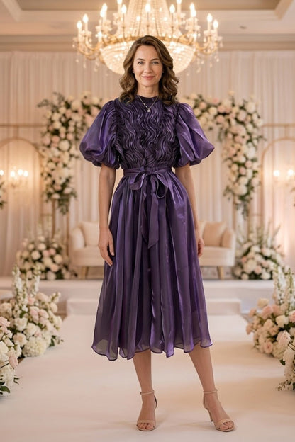 Purple A Line Round Neck Long Mother of Bride Dress with Sash