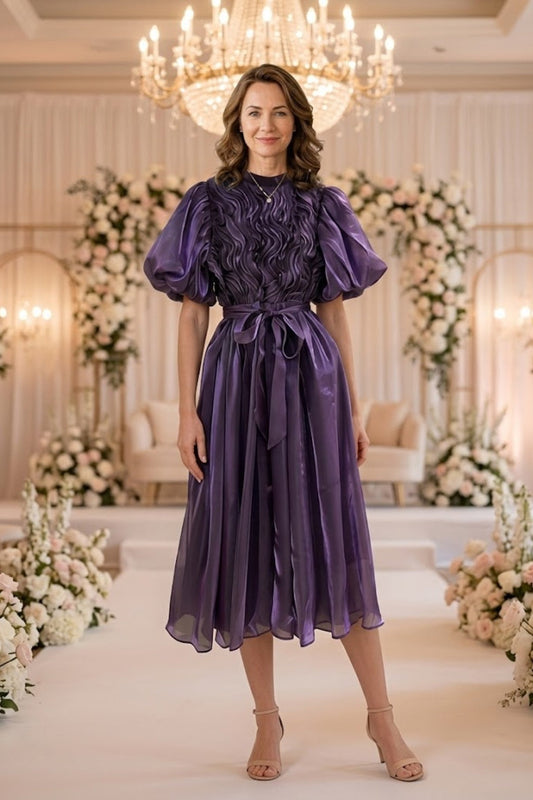 Purple A Line Round Neck Long Mother of Bride Dress with Sash