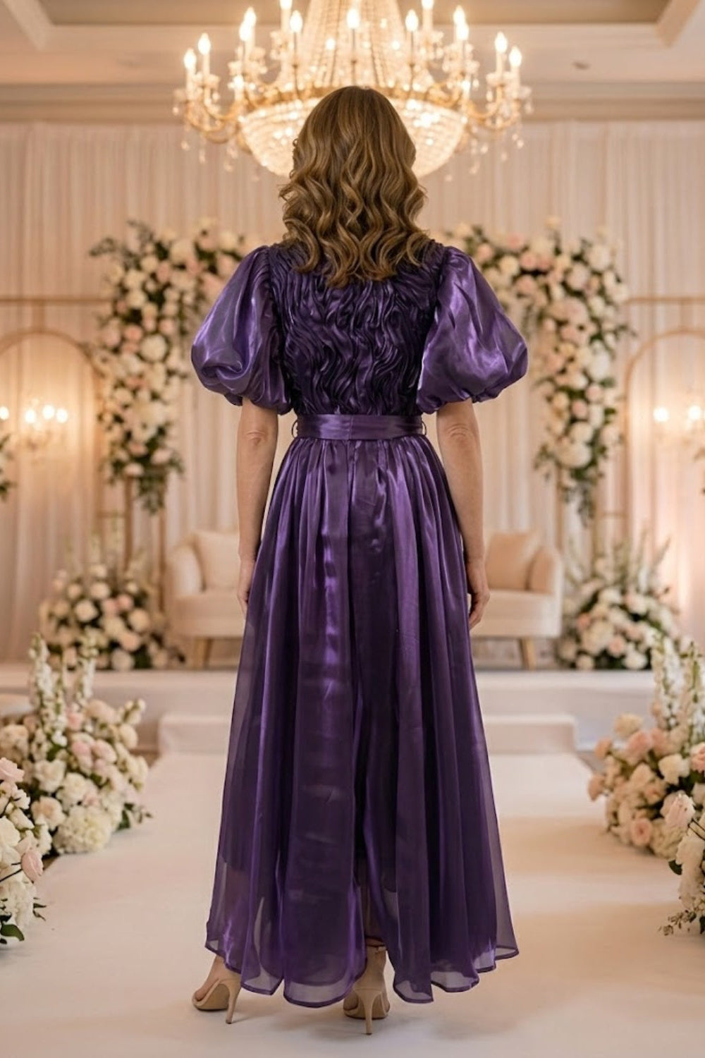 Purple A Line Round Neck Long Mother of Bride Dress with Sash