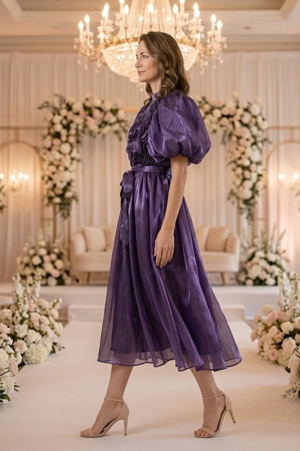 Purple A Line Round Neck Long Mother of Bride Dress with Sash