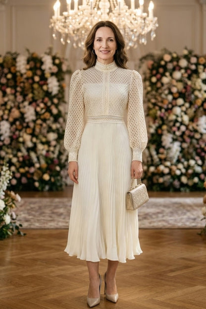 Ivory A Line High Neck Long Mother of Bride Dress with Lace Appliques