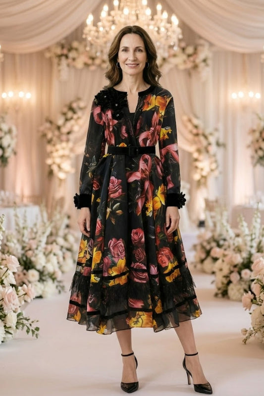 Black Floral A Line Scoop Long Mother of Bride Dress with Belt