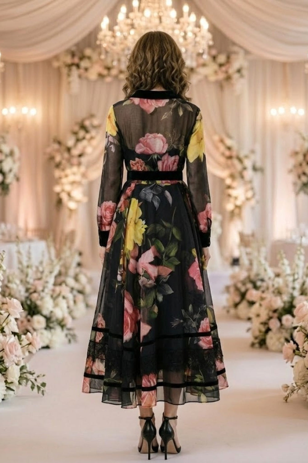 Black Floral A Line Scoop Long Mother of Bride Dress with Belt