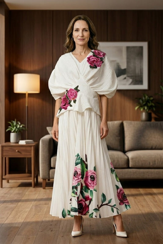 White Floral A Line V-Neck Long Mother of Bride Dress with Ruched