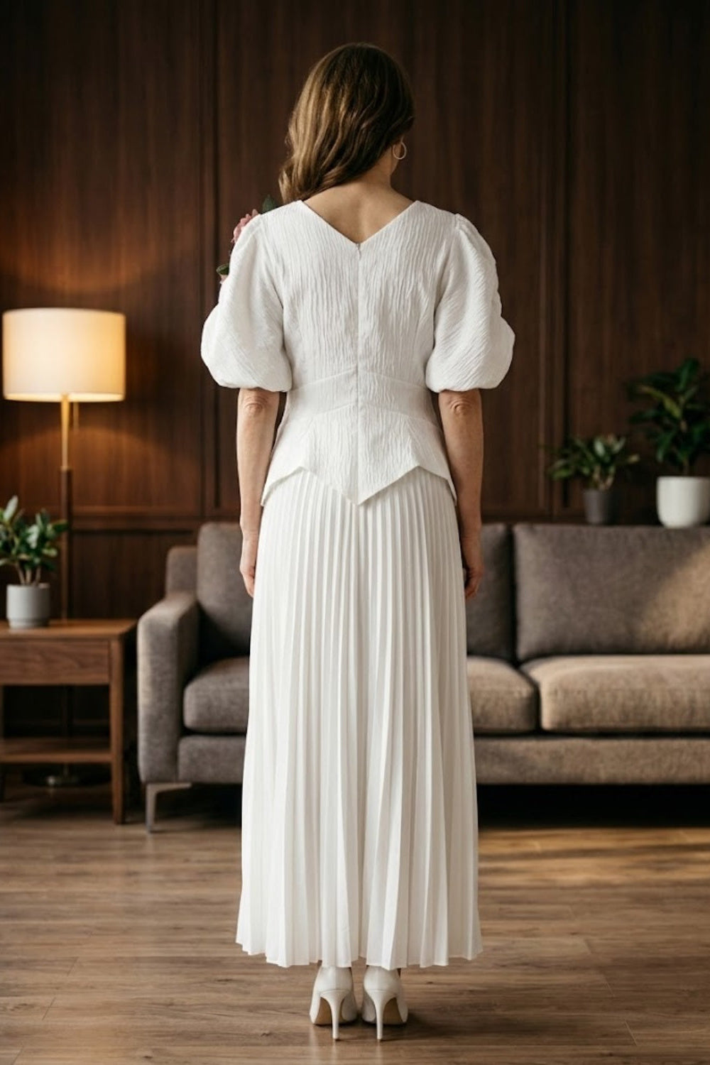 White Floral A Line V-Neck Long Mother of Bride Dress with Ruched
