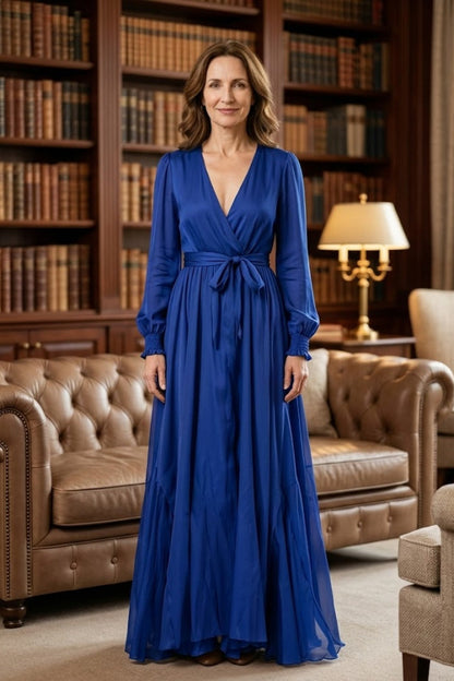 Simple Navy Blue A Line V-Neck Long Mother of Bride Dress with Sash