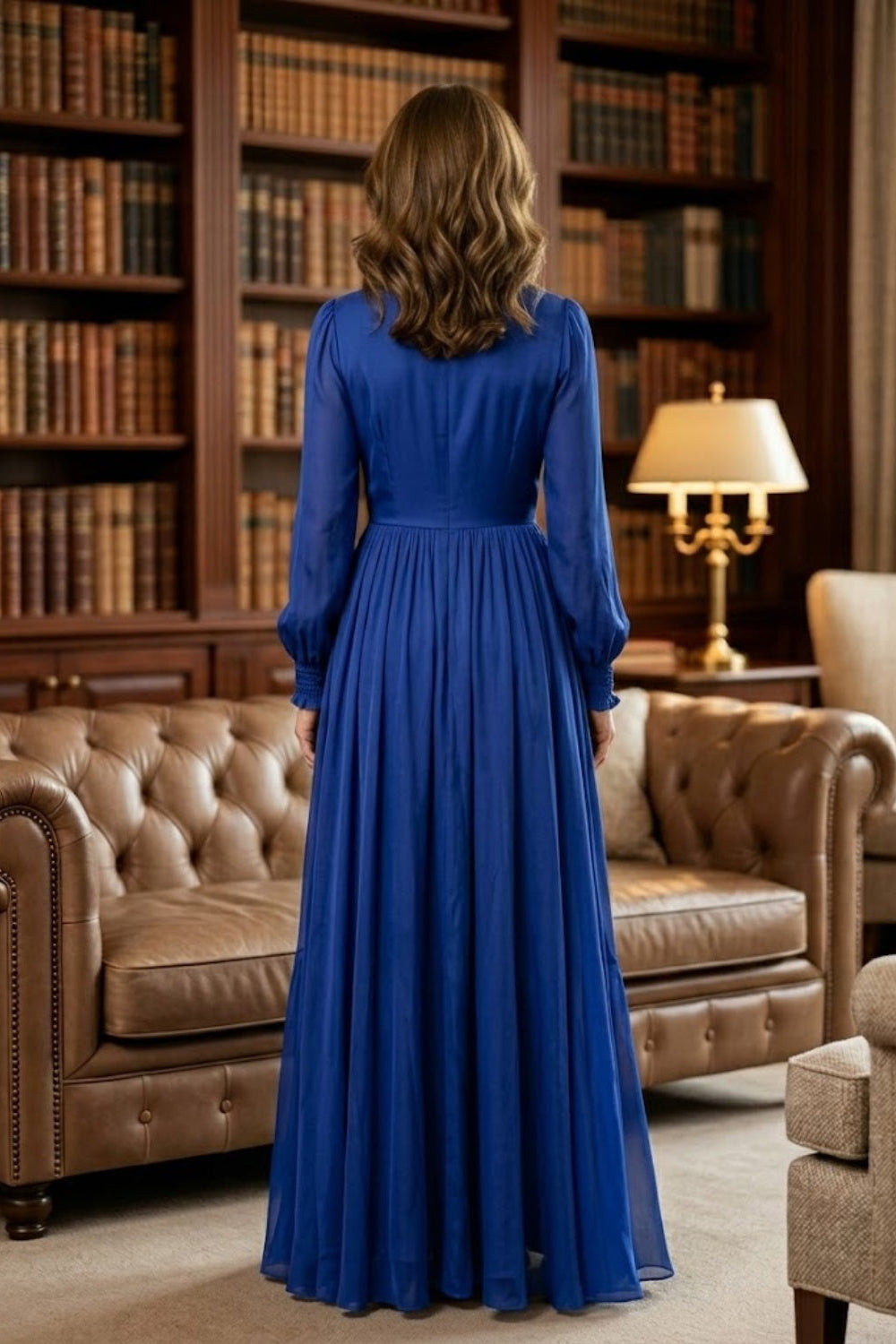 Simple Navy Blue A Line V-Neck Long Mother of Bride Dress with Sash