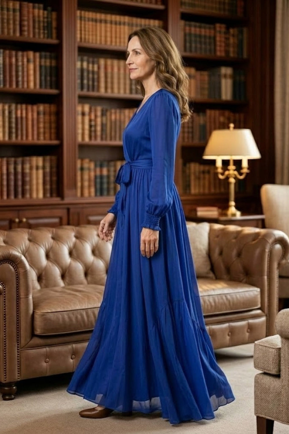 Simple Navy Blue A Line V-Neck Long Mother of Bride Dress with Sash
