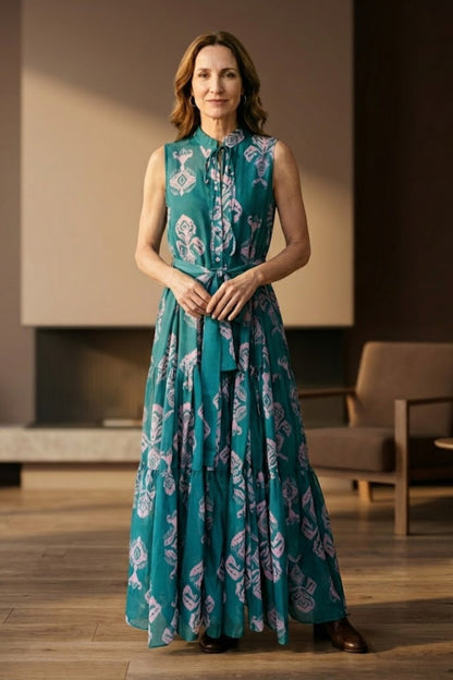 Green Floral A Line Round Neck Long Mother of Bride Dress with Sash