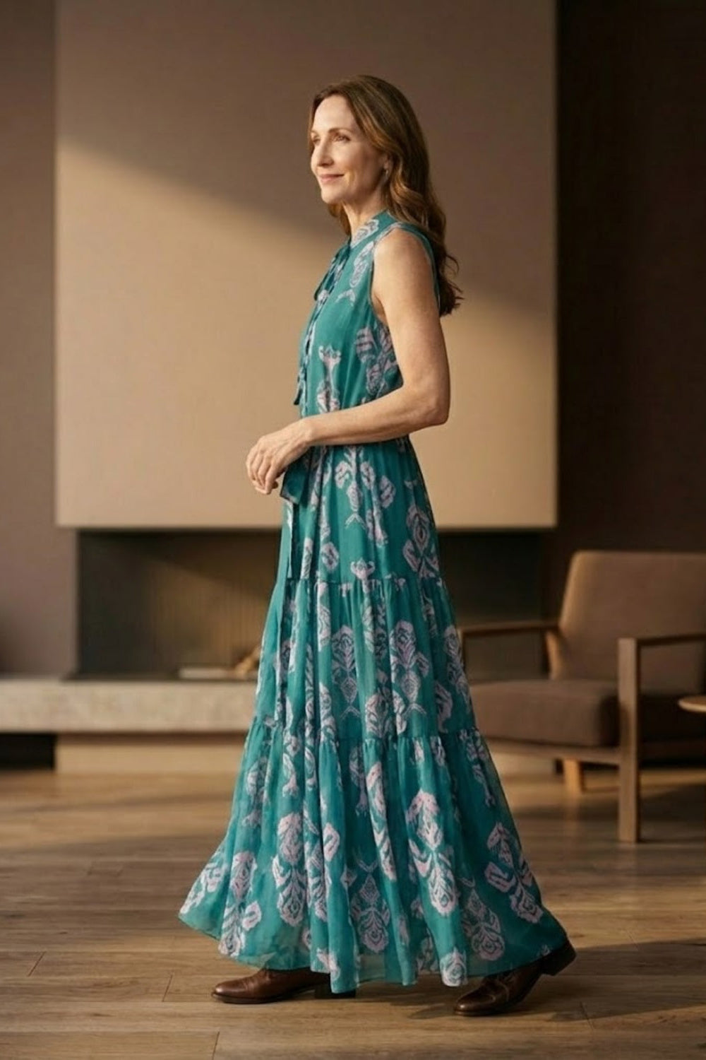 Green Floral A Line Round Neck Long Mother of Bride Dress with Sash
