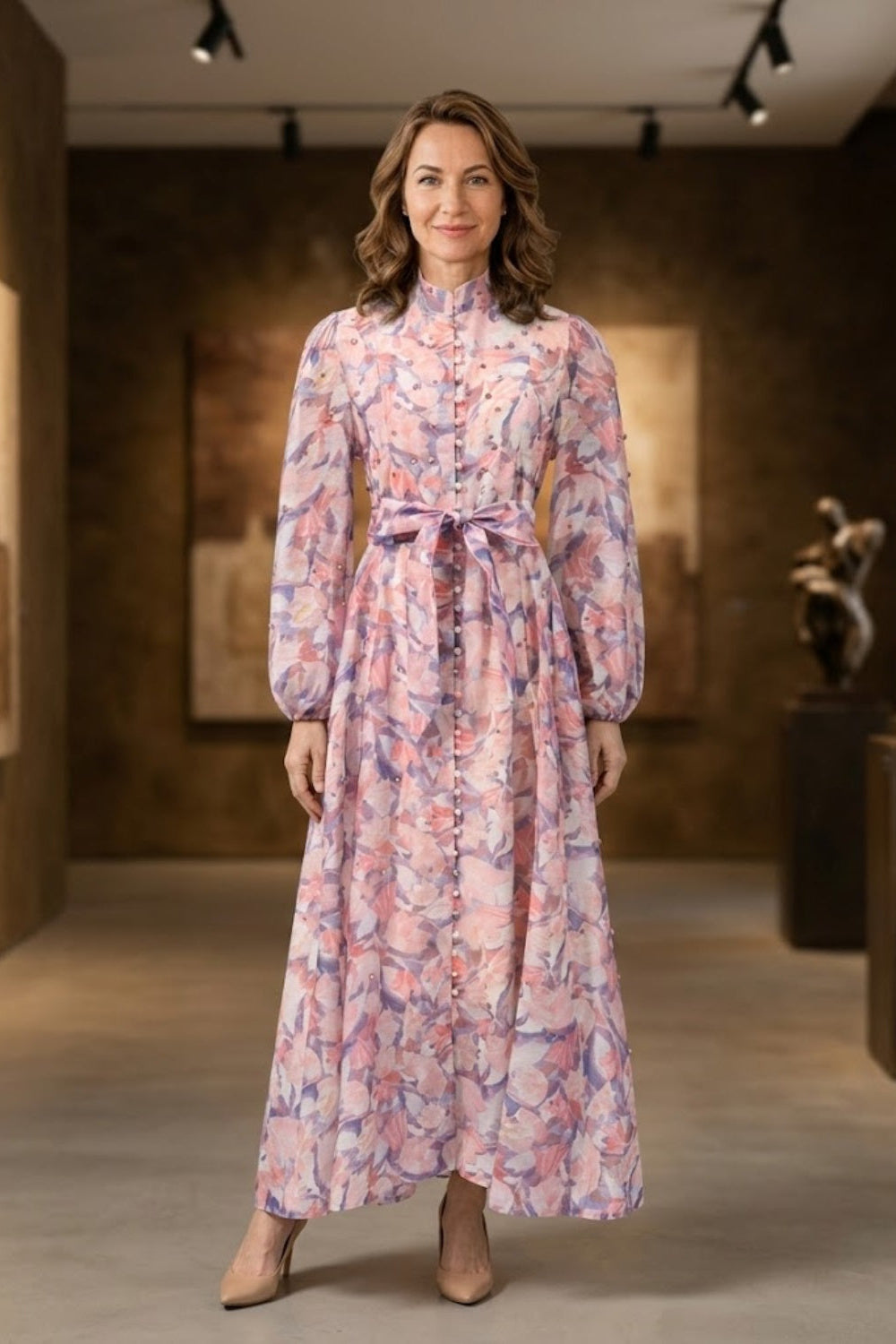 Purple Floral A Line Round Neck Long Mother of Bride Dress Sash