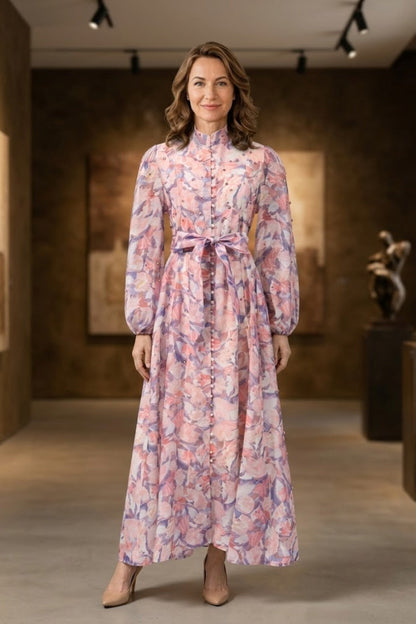 Purple Floral A Line Round Neck Long Mother of Bride Dress Sash
