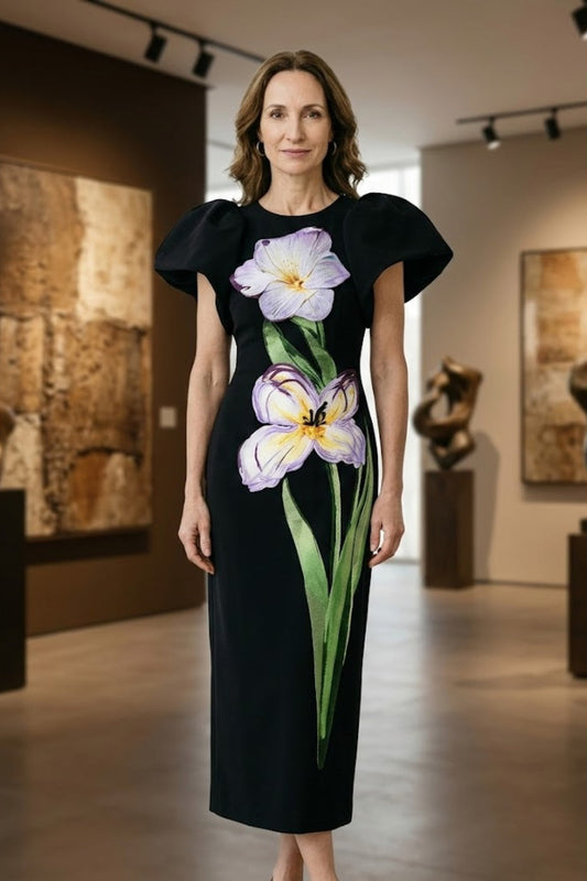 Black Sheath Round Neck Long Mother of Bride Dress with Floral Print