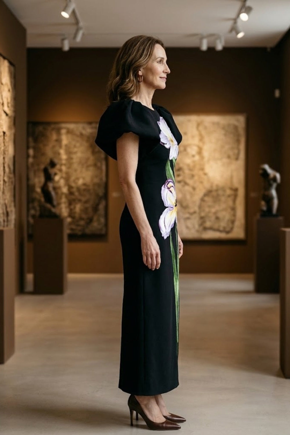 Black Sheath Round Neck Long Mother of Bride Dress with Floral Print