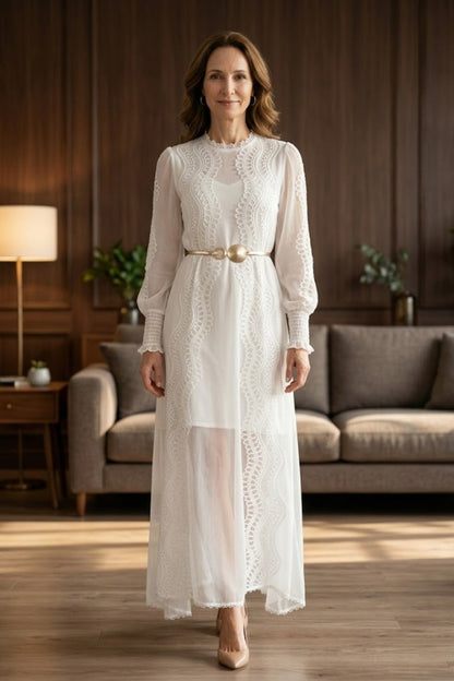 White A Line Round Neck Long Mother of Bride Dress with Belt