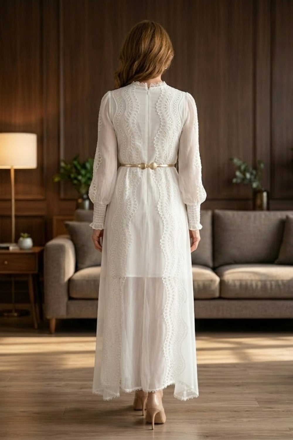 White A Line Round Neck Long Mother of Bride Dress with Belt