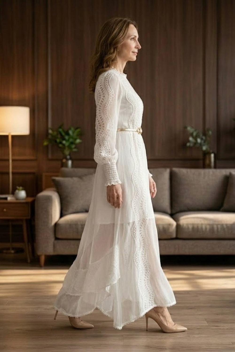 White A Line Round Neck Long Mother of Bride Dress with Belt