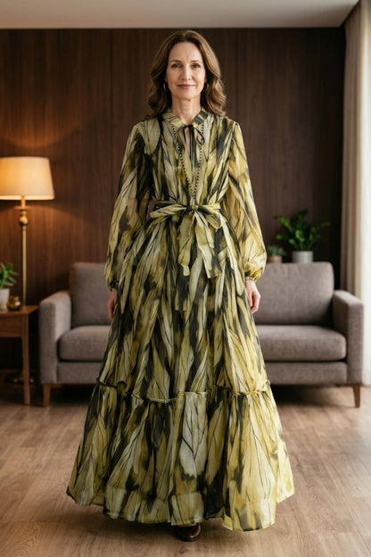 Green Floral  A Line Round Neck Long Mother of Bride Dress with Jacket