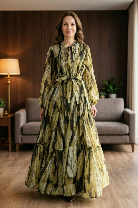 Green Floral  A Line Round Neck Long Mother of Bride Dress with Jacket