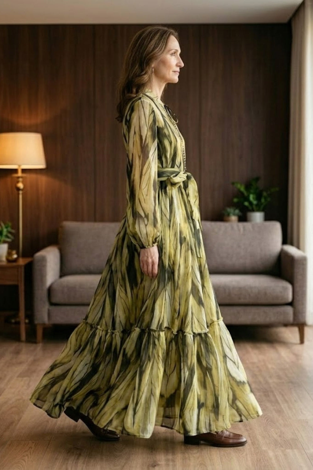 Green Floral  A Line Round Neck Long Mother of Bride Dress with Jacket