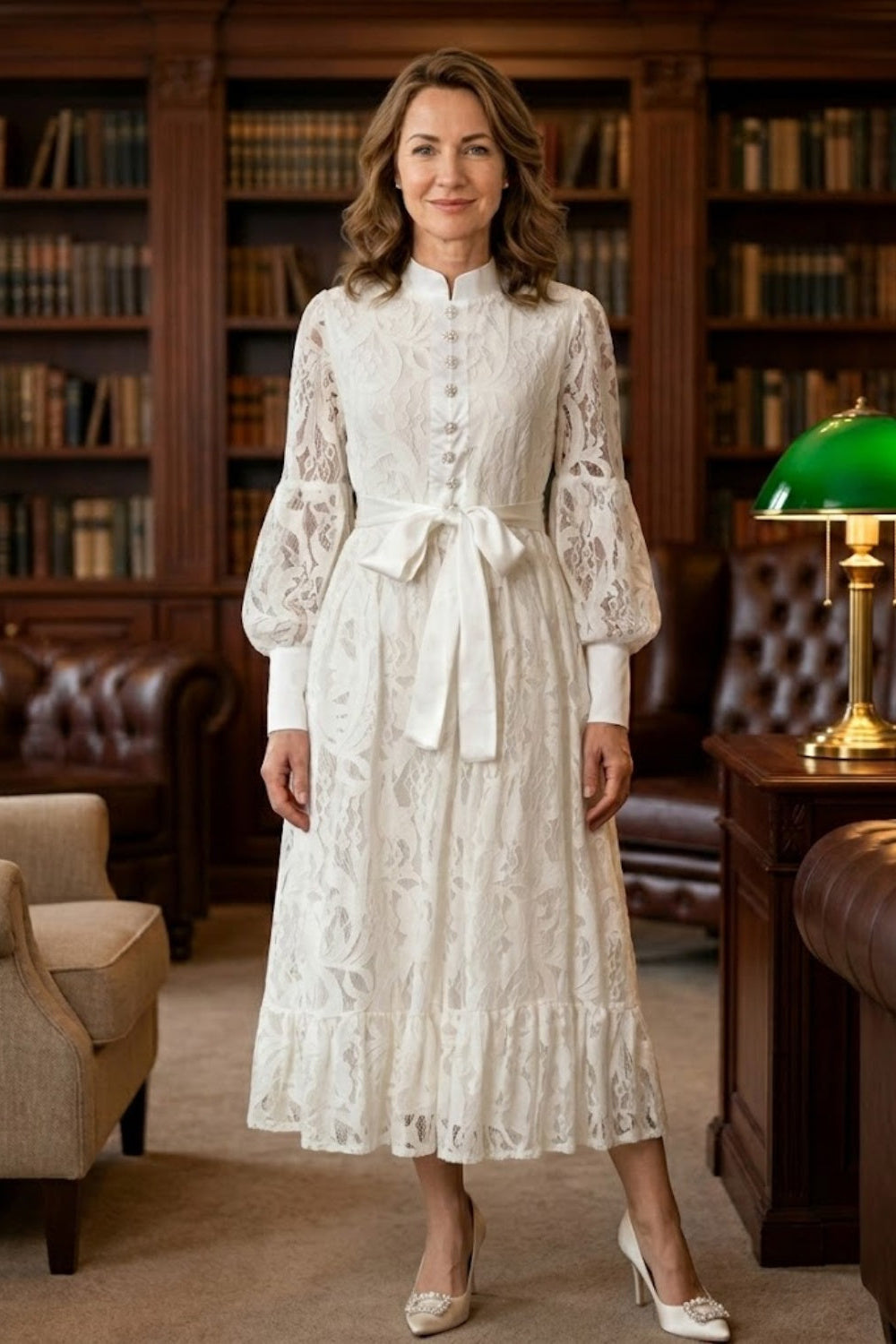 White A Line High Neck Long Mother of Bride Dress with Lace Appliques