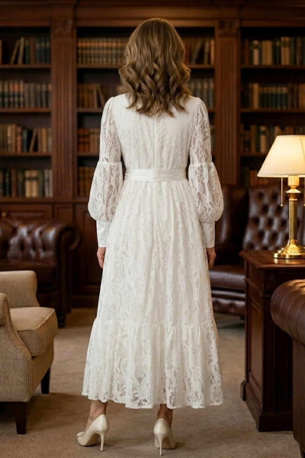 White A Line High Neck Long Mother of Bride Dress with Lace Appliques