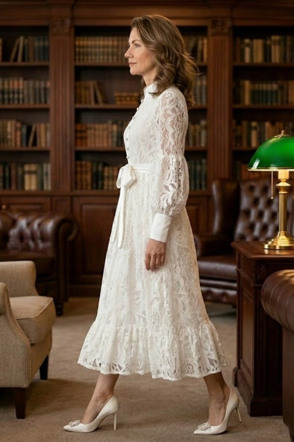 White A Line High Neck Long Mother of Bride Dress with Lace Appliques