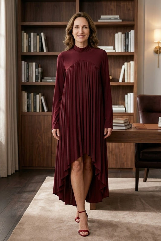 Burgundy A Line Round Neck Long Mother of Bride Dress with Pleats