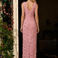 Dusty Pink Sheath V Neck Long Prom Dress with 3D Roses