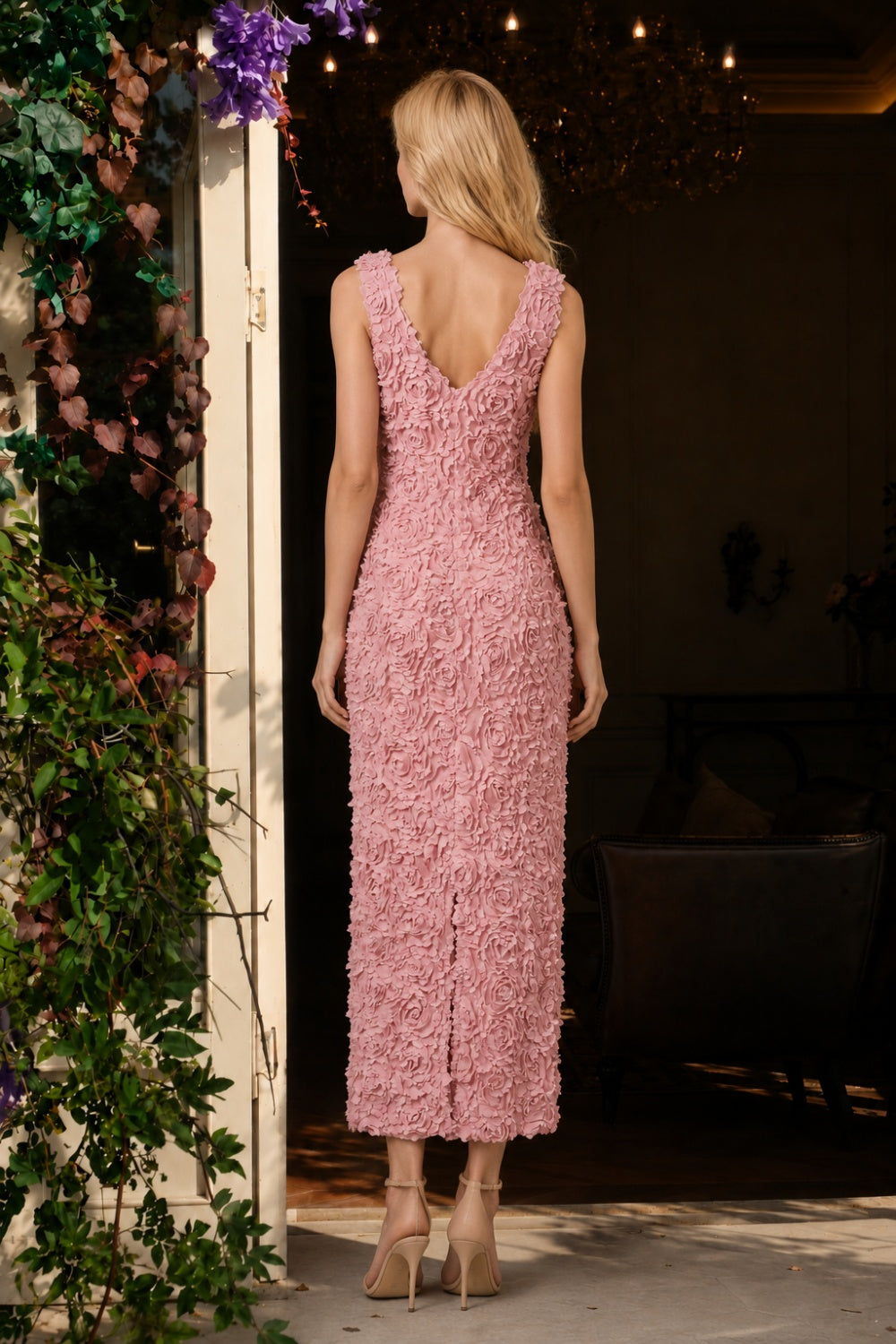 Dusty Pink Sheath V Neck Long Prom Dress with 3D Roses