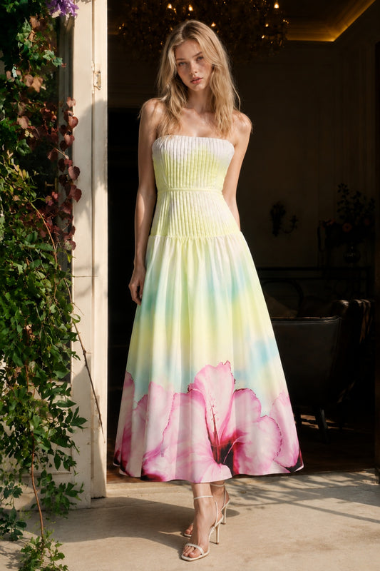 Green A Line Strapless Long Prom Dress with Floral Print