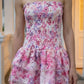 Pink Floral A Line Strapless Short Homecoming Dress with Ruffle