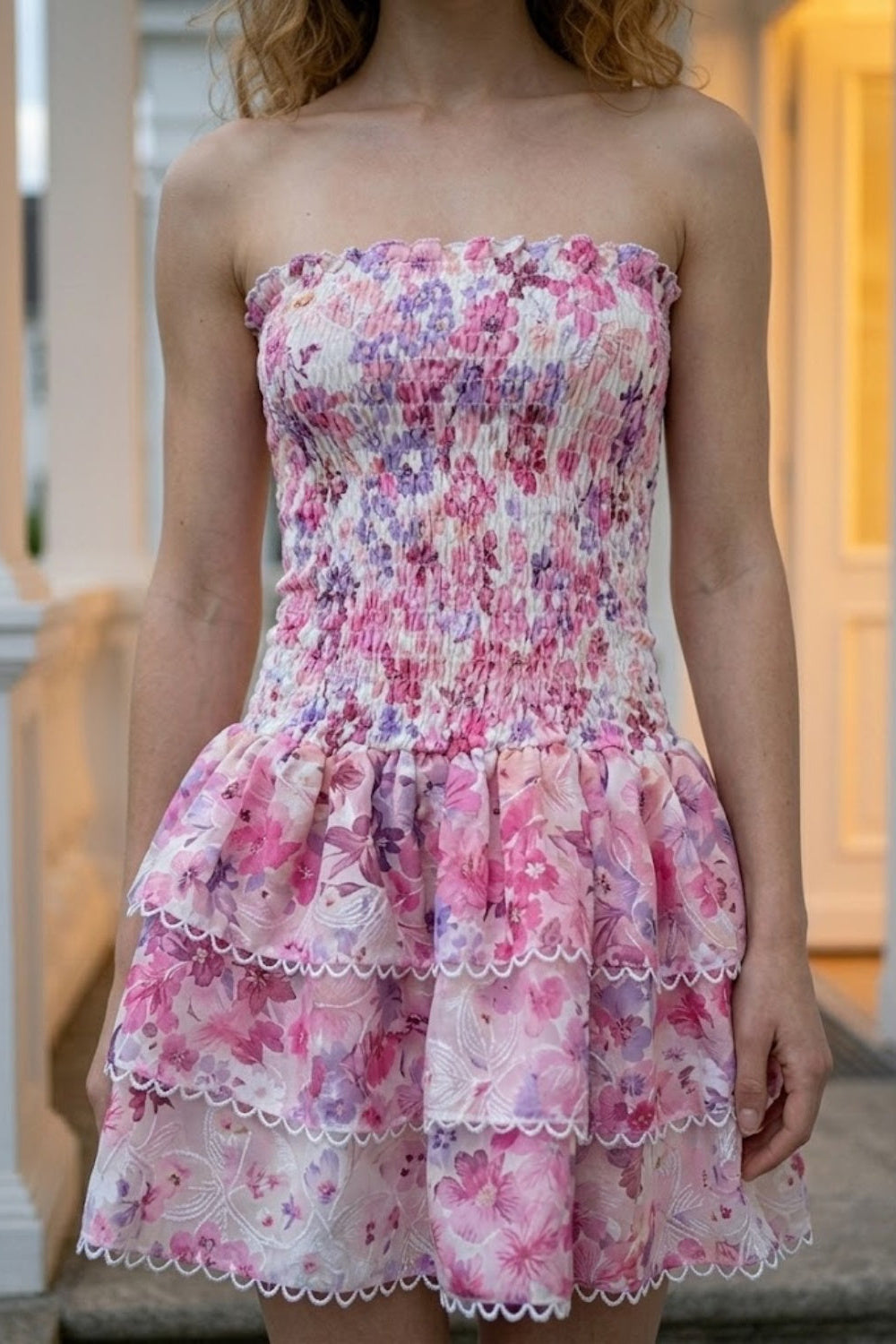 Pink Floral A Line Strapless Short Homecoming Dress with Ruffle