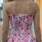 Pink Floral A Line Strapless Short Homecoming Dress with Ruffle