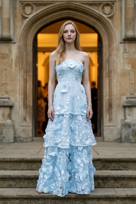 Floral Blue A Line Strapless Long Prom Dress with Appliques