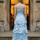 Floral Blue A Line Strapless Long Prom Dress with Appliques