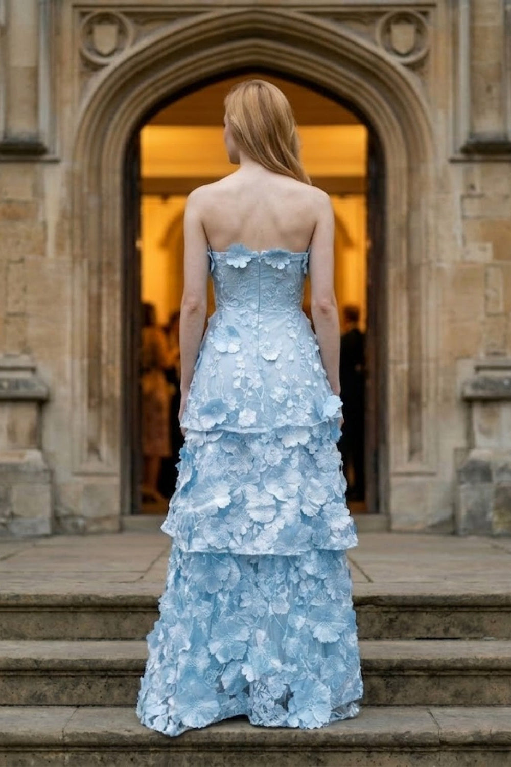 Floral Blue A Line Strapless Long Prom Dress with Appliques
