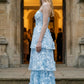 Floral Blue A Line Strapless Long Prom Dress with Appliques
