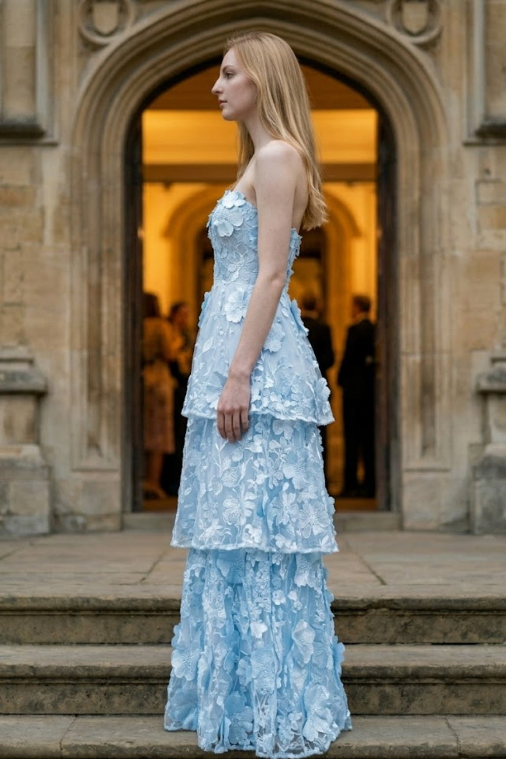 Floral Blue A Line Strapless Long Prom Dress with Appliques