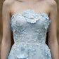 Floral Blue A Line Strapless Long Prom Dress with Appliques