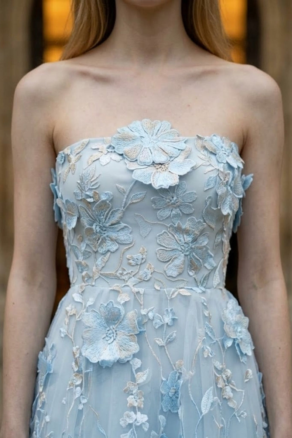 Floral Blue A Line Strapless Long Prom Dress with Appliques