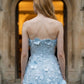 Floral Blue A Line Strapless Long Prom Dress with Appliques