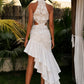 White A Line Halter Prom Dress with Lace Appliques