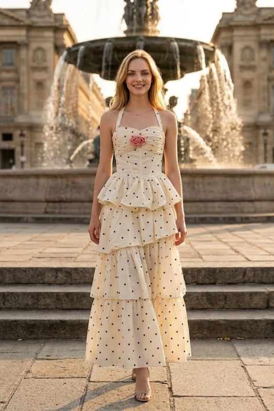 Floral White A Line Halter Long Prom Dress with 3D Flower