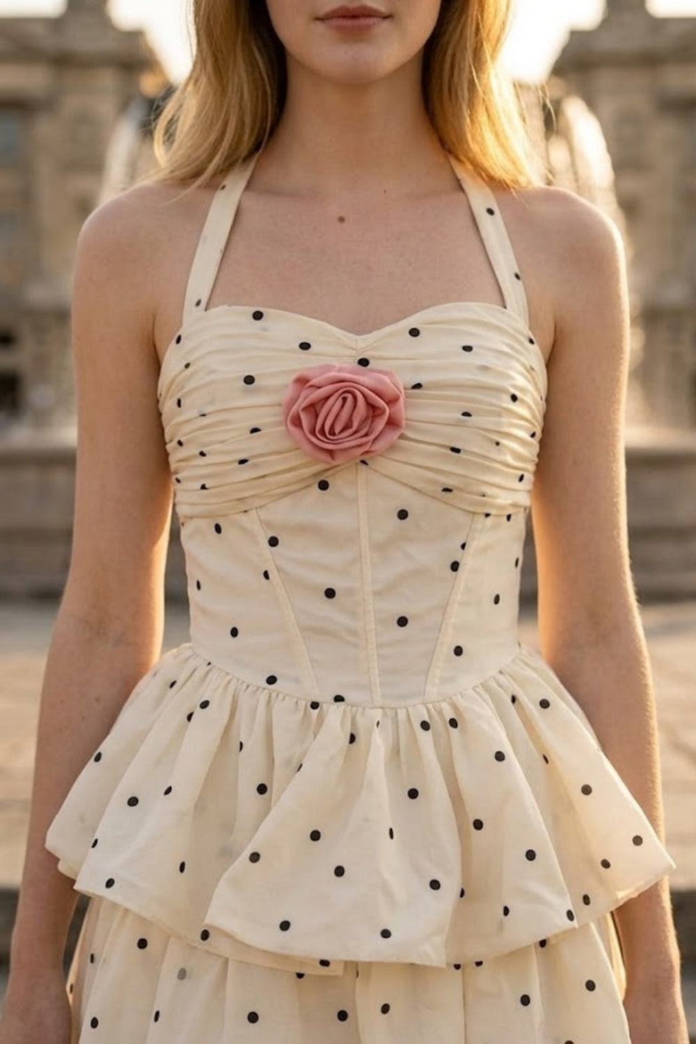 Floral White A Line Halter Long Prom Dress with 3D Flower