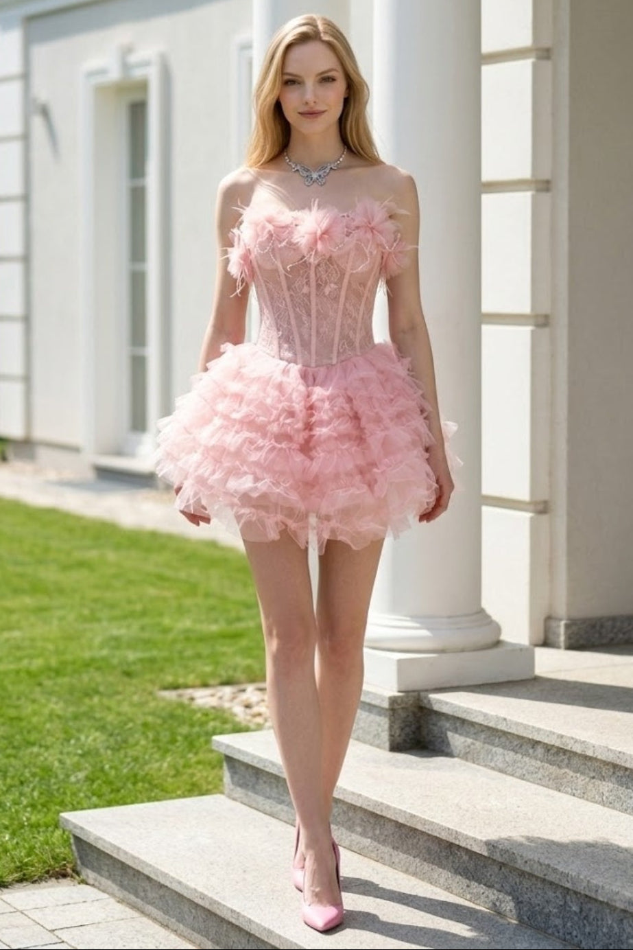 Pink Ball Gown Strapless Short Homecoming Dress with Flowers