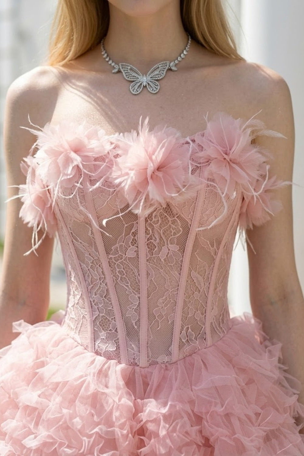 Pink Ball Gown Strapless Short Homecoming Dress with Flowers