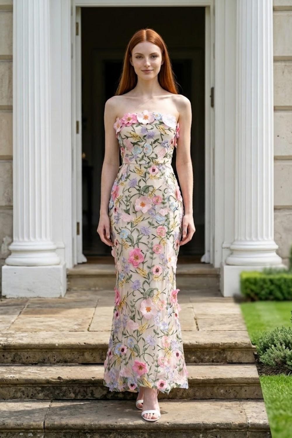 Floral 3D Sheath Strapless Long Prom Dress with Appliques